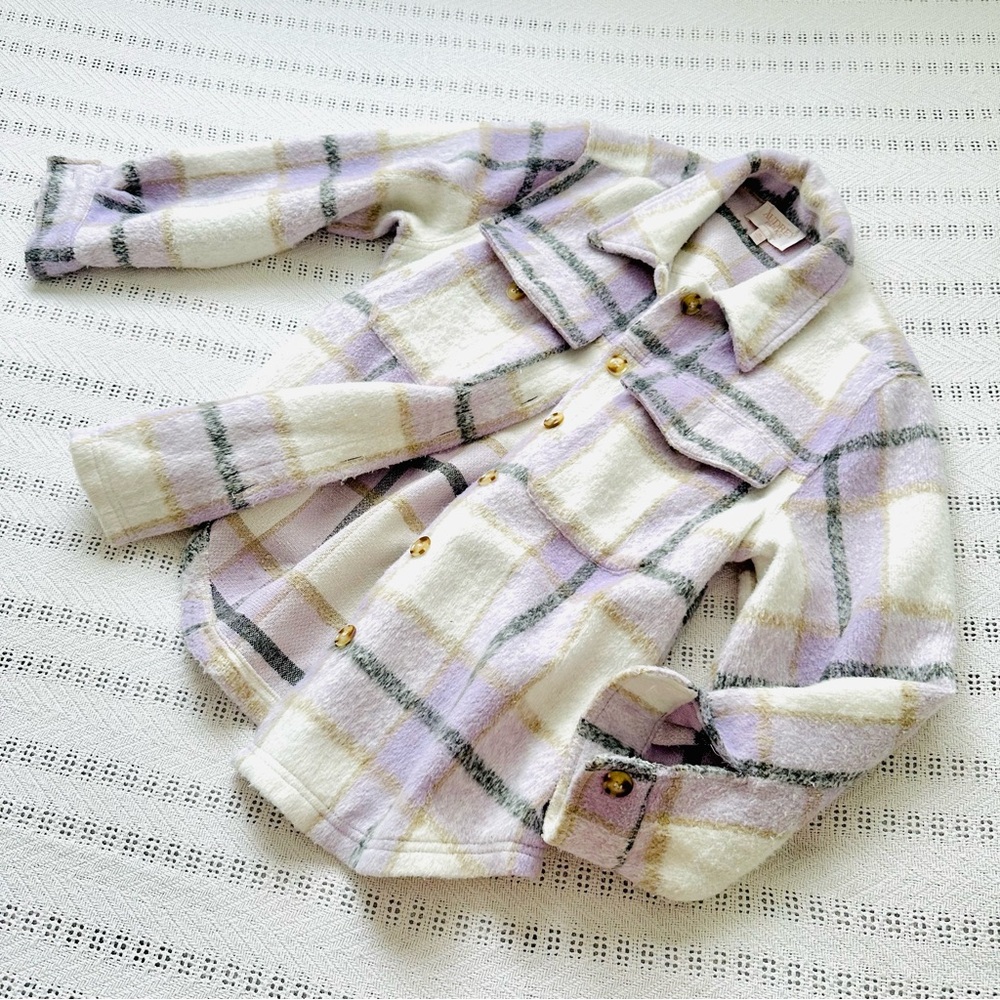 Francesca's Collections Cream and Purple Plaid shacket